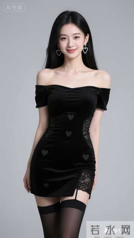 黑色丝绒抹胸礼服,甜酷御姐风,简约轻奢背景,精致俏皮