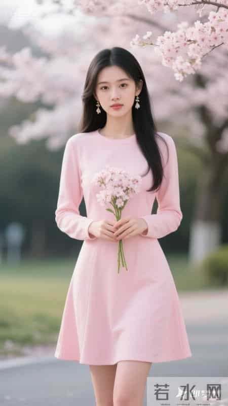 粉色连衣裙，樱花元素点缀，清新又甜美