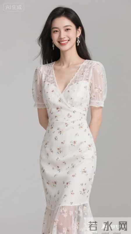 V领碎花连衣裙，鱼尾裙摆，清新又显身材