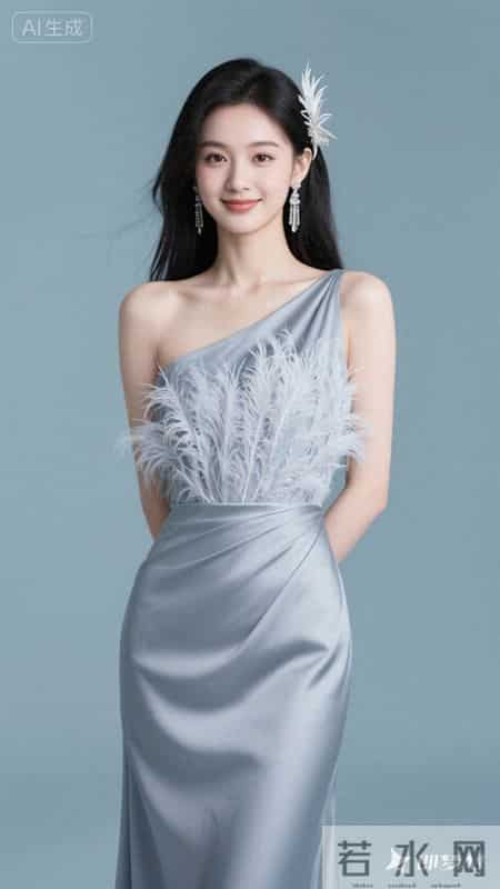斜肩裙饰羽毛,缎面质感高级,温柔又显气质