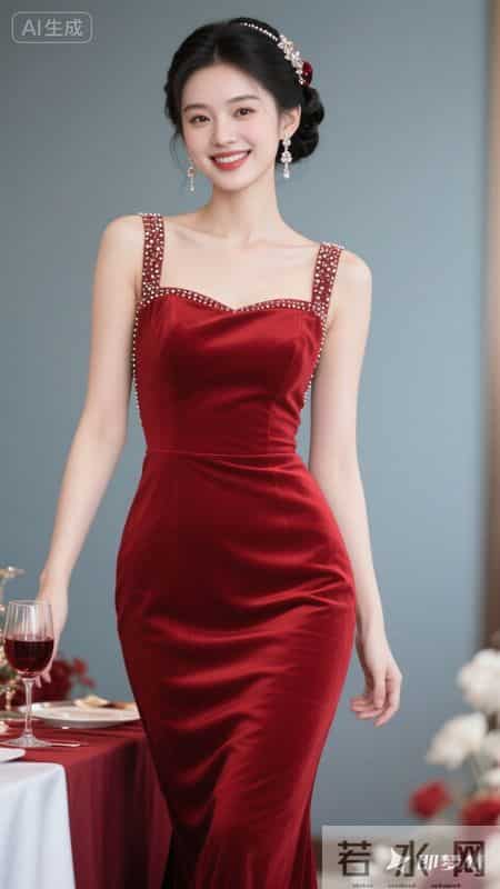 正红缎面鱼尾礼服缀满钻饰，衬得身姿窈窕，明艳大气