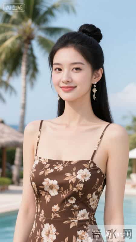 咖底白花吊带长裙，面料轻薄，穿着凉快又显气质