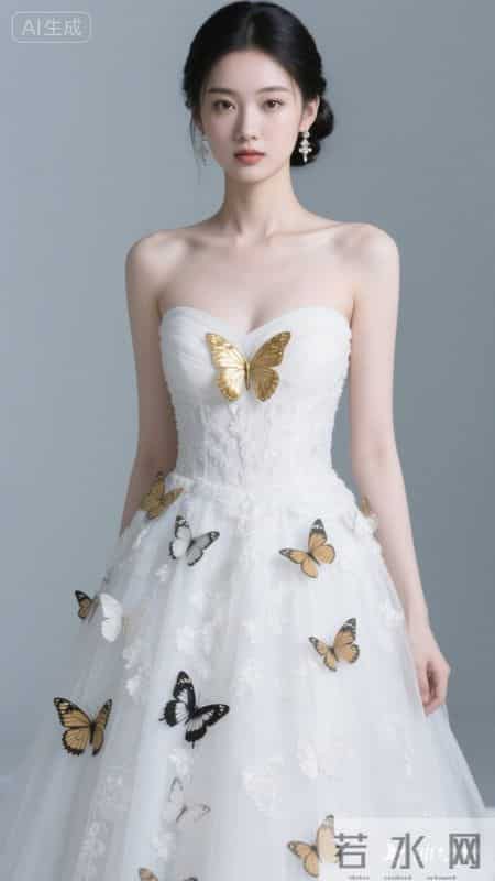 一袭抹胸白裙缀满金蝶，清冷又尽显优雅韵味