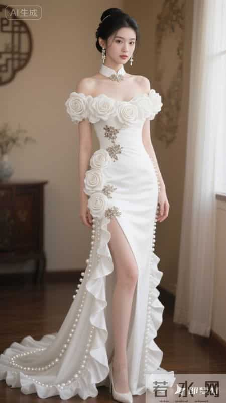 新中式白裙缀满玫瑰，东方韵味与现代性感的完美融合