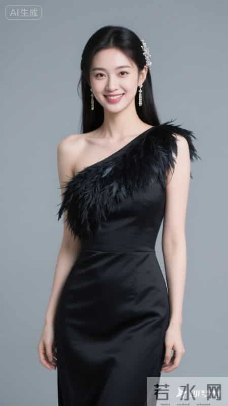 斜肩裙饰羽毛,缎面质感高级,温柔又显气质