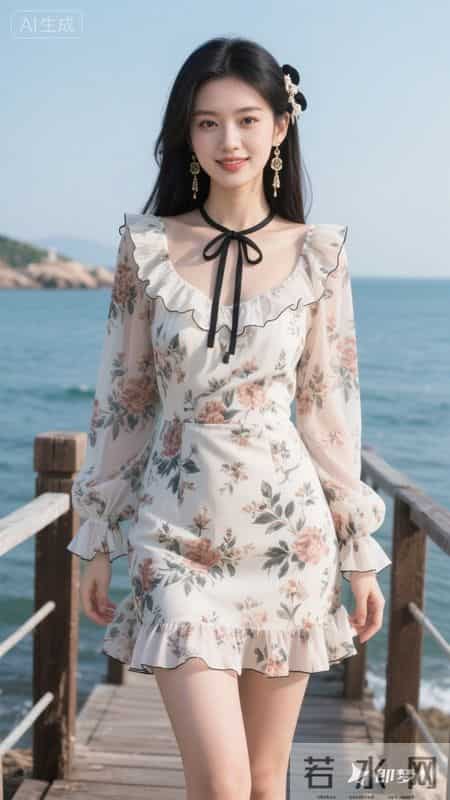 蓝白碎花方领连衣裙,泡泡袖+荷叶边设计,清新又显气质