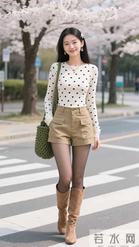 白底黑点上衣,搭配卡其色工装短裤利落显腿长,甜酷感拉满