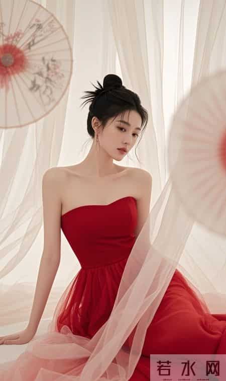 暖光里的抹胸红裙,裹着半透的纱,眉眼间的温柔能把人化在春日里