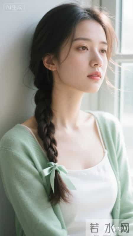 窗边浅绿开衫配白裙，麻花辫系蝴蝶结，温柔又治愈