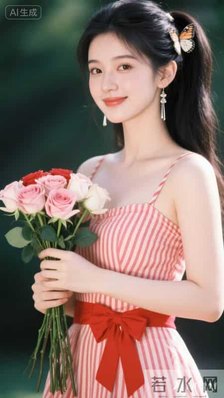 身着红白条纹吊带裙，蝴蝶结点缀胸前，手持玫瑰，尽显清甜灵动
