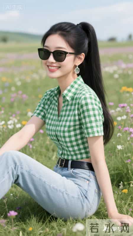 绿白格纹衬衫配高腰牛仔裤，置身开满野花的草原，清新活力又治愈