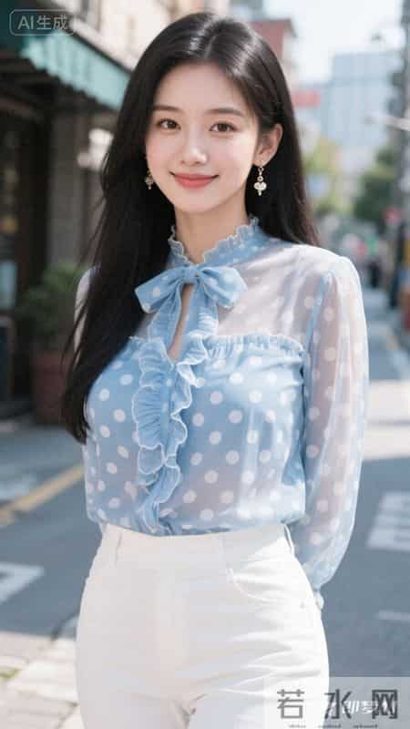 蓝色波点雪纺衬衫搭配白色裤子，清爽又清甜
