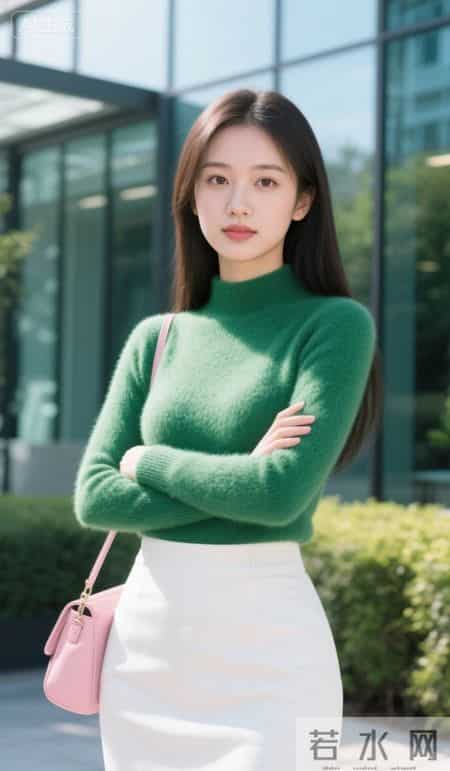阳光下的绿毛衣与白裙子