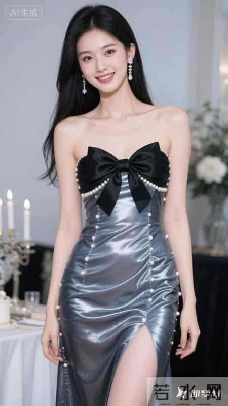 黑色亮面吊带裙，蝴蝶结与珍珠装饰，甜酷又亮眼
