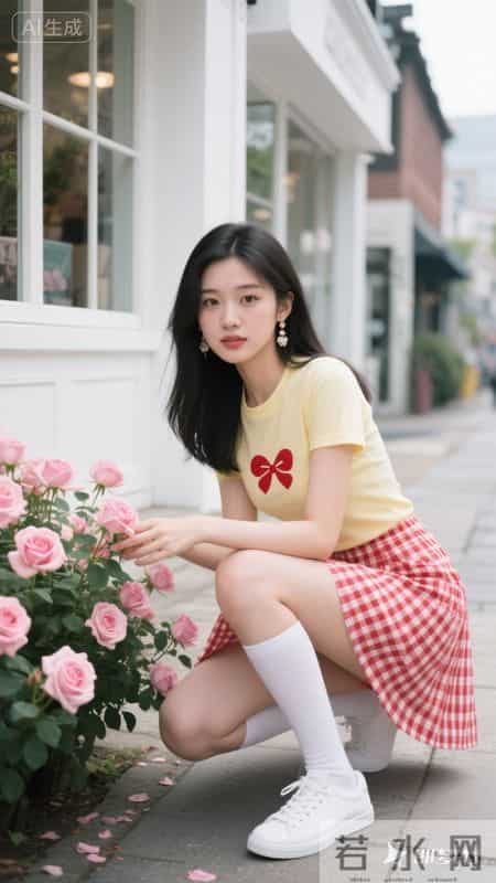 黄色短袖搭格纹短裙，青春又有活力