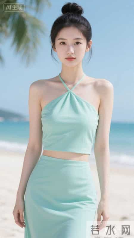 薄荷绿挂脖开叉长裙，清新又飘逸