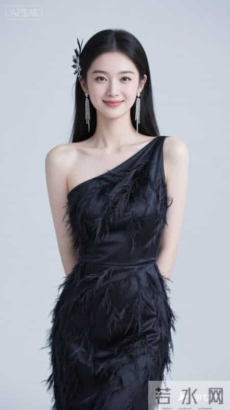 斜肩裙饰羽毛,缎面质感高级,温柔又显气质