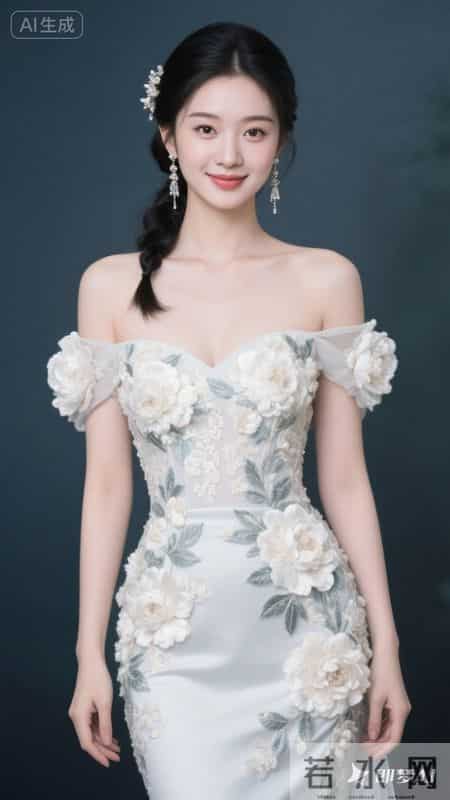 一字肩刺绣礼服，设计雅致灵动