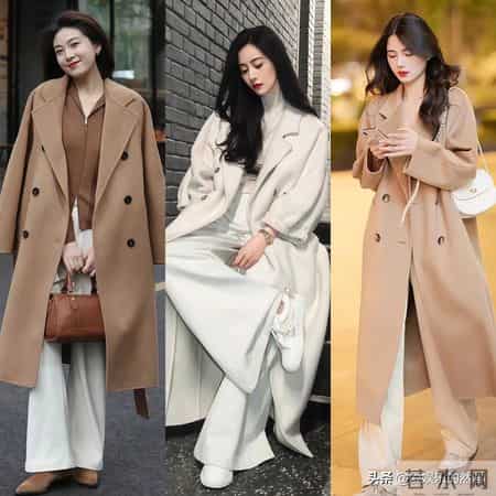 优雅的白色长裤搭配羊绒大衣，是不过时的经典