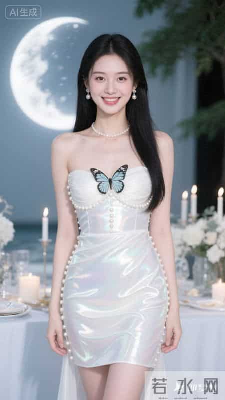 幻彩白缎面吊带裙，蝴蝶装饰，优雅灵动