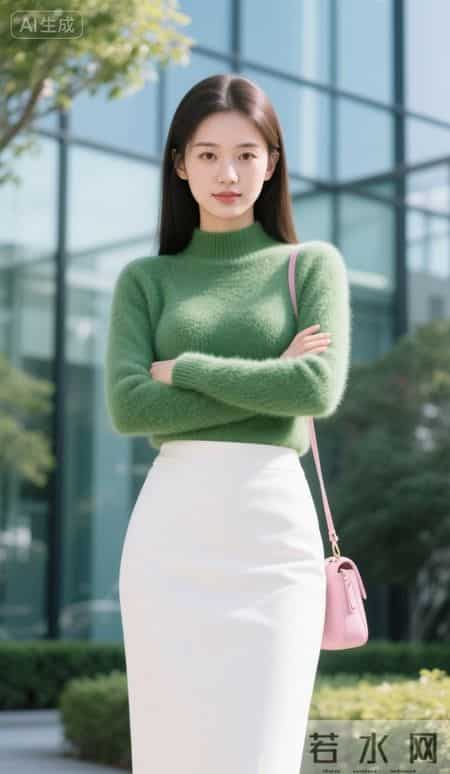 阳光下的绿毛衣与白裙子