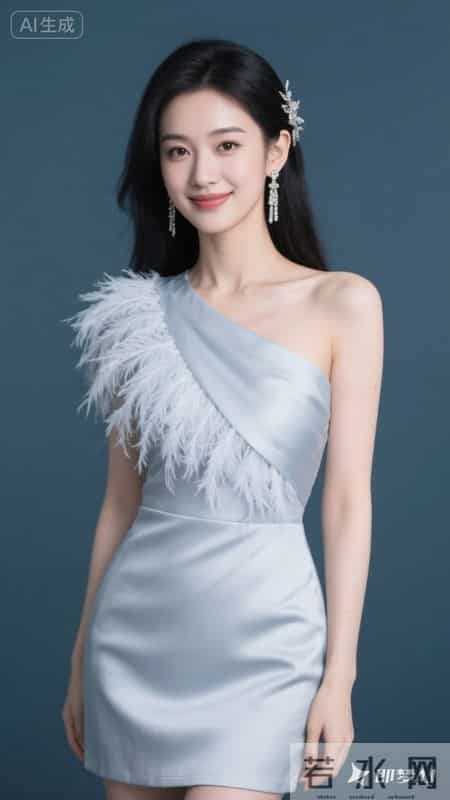 斜肩裙饰羽毛,缎面质感高级,温柔又显气质