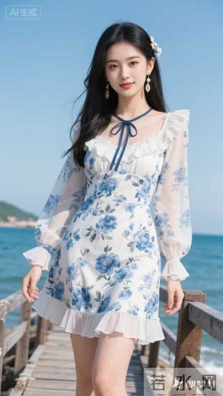 蓝白碎花方领连衣裙,泡泡袖+荷叶边设计,清新又显气质