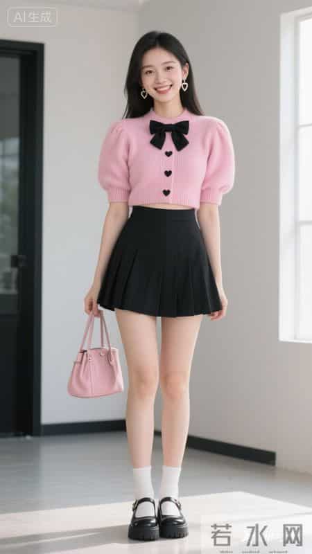 粉色针织开衫配黑裙，搭同色系包包，可爱又精致