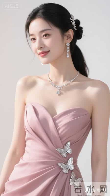 身着粉缎抹胸礼服，银蝶精致闪耀，浅笑间尽显优雅温柔