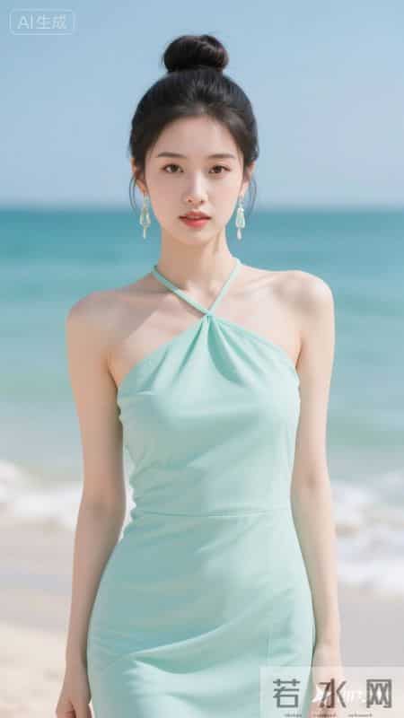 薄荷绿挂脖开叉长裙，清新又飘逸