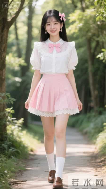 娃娃领衬衫+粉百褶裙,林间漫步,把可爱穿在身上