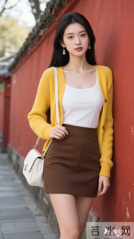 明黄针织开衫搭配白背心与棕短裙，活力又温柔