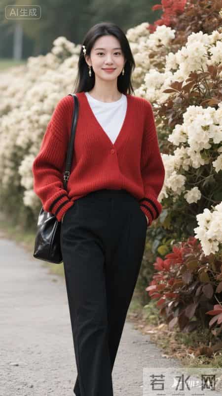 红黑撞色针织开衫，配白T黑裤，在花旁，元气又复古