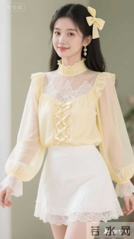 淡黄蕾丝配蝴蝶结，甜妹风拉满，温柔又显气质