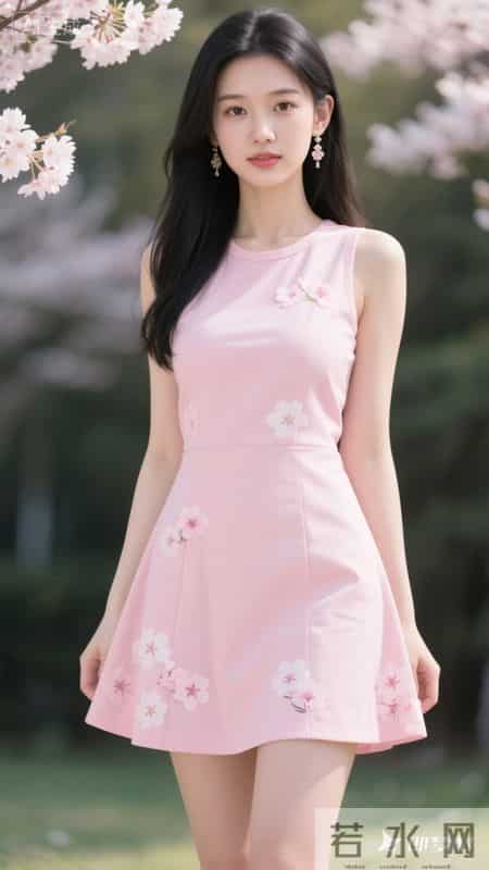 粉色连衣裙，樱花元素点缀，清新又甜美
