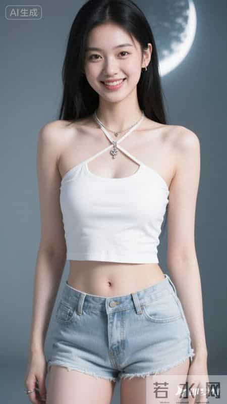 白色挂脖吊带搭牛仔短裤,冷白皮衬得清爽,纯欲又利落