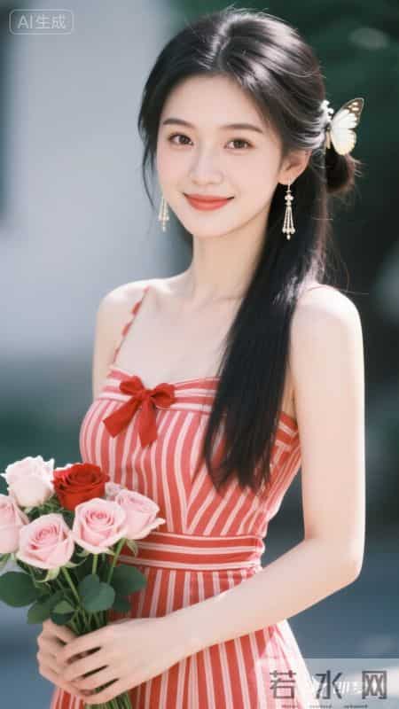 身着红白条纹吊带裙，蝴蝶结点缀胸前，手持玫瑰，尽显清甜灵动