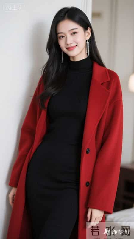 正红大衣搭黑色针织裙，明艳大气，简约又高级