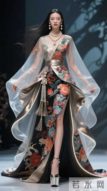 东方美女。远景拍摄，中西结合长礼服，夸张的拖尾，立体裁剪