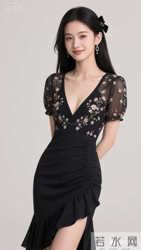 V领碎花连衣裙，鱼尾裙摆，清新又显身材