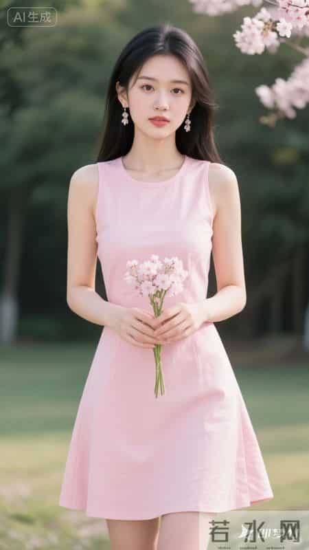 粉色连衣裙，樱花元素点缀，清新又甜美