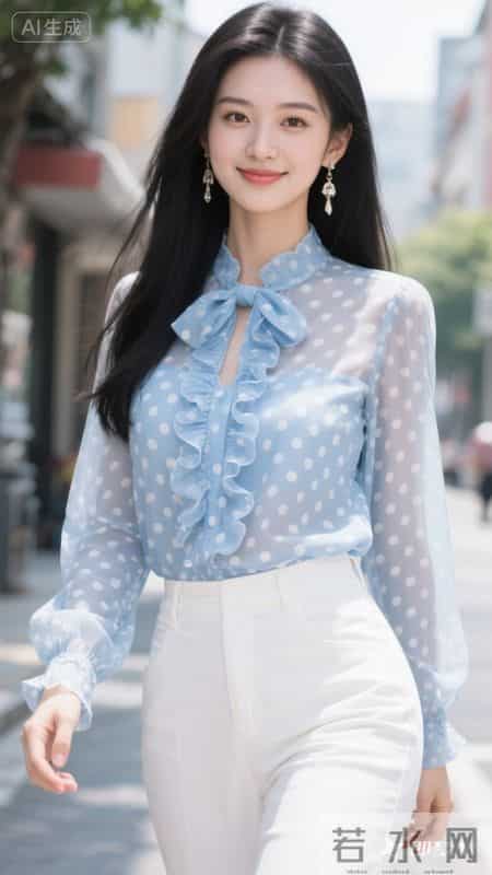蓝色波点雪纺衬衫搭配白色裤子，清爽又清甜