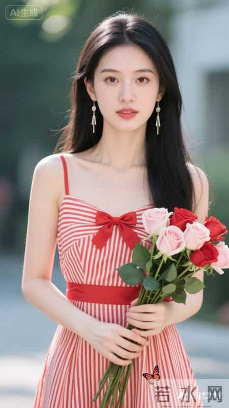 身着红白条纹吊带裙，蝴蝶结点缀胸前，手持玫瑰，尽显清甜灵动
