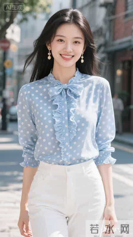 蓝色波点雪纺衬衫搭配白色裤子，清爽又清甜