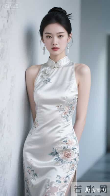 缎面旗袍绣繁花，立领高开叉，在回廊间邂逅东方雅致