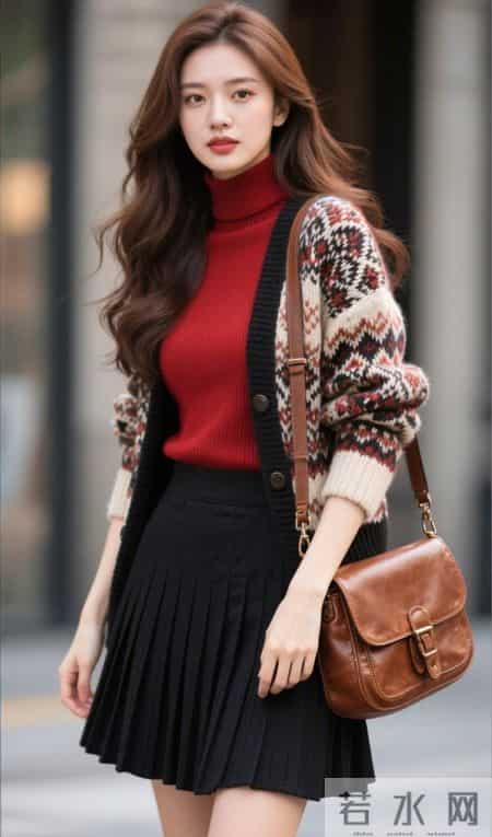 菱格图案毛衣与牛仔裤