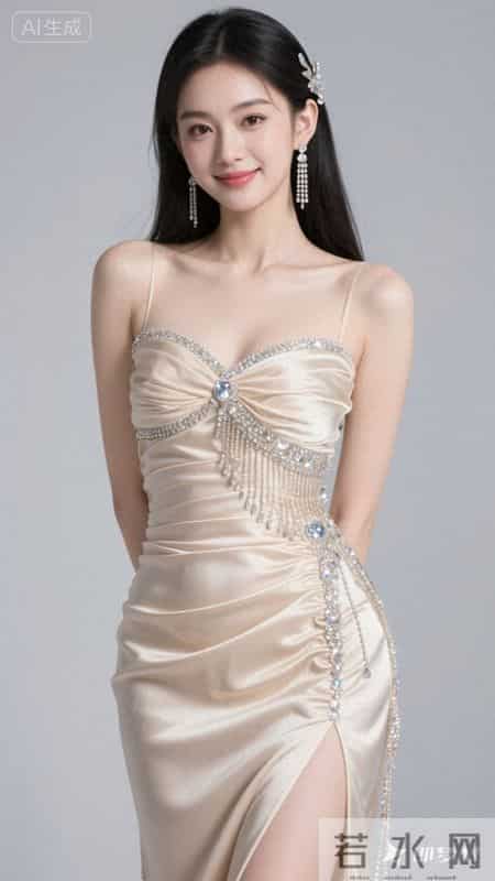 香槟色缎面吊带裙缀满钻饰流苏，开叉设计尽显优雅又不失性感魅力
