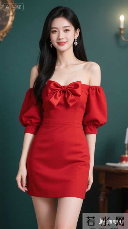 红色一字肩蝴蝶结连衣裙，灯笼袖设计甜俏吸睛，甜美又明艳