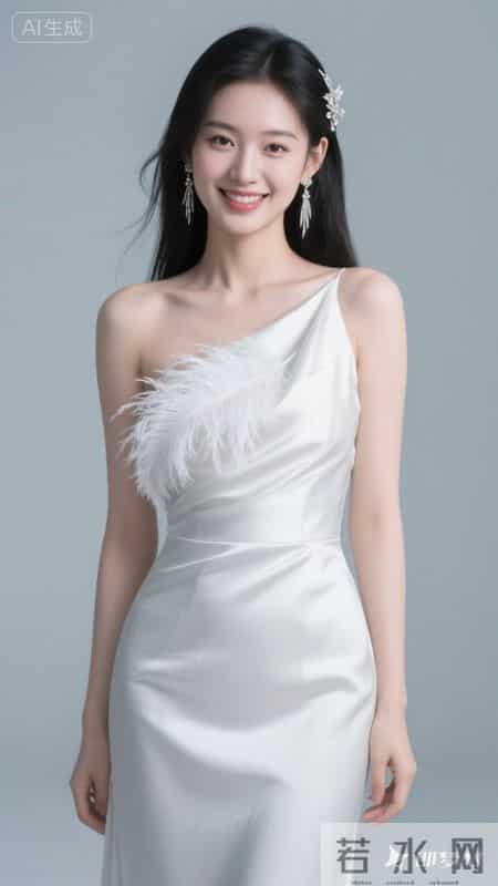 斜肩裙饰羽毛,缎面质感高级,温柔又显气质