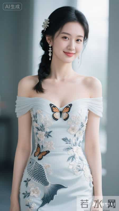 一字肩刺绣礼服，设计雅致灵动